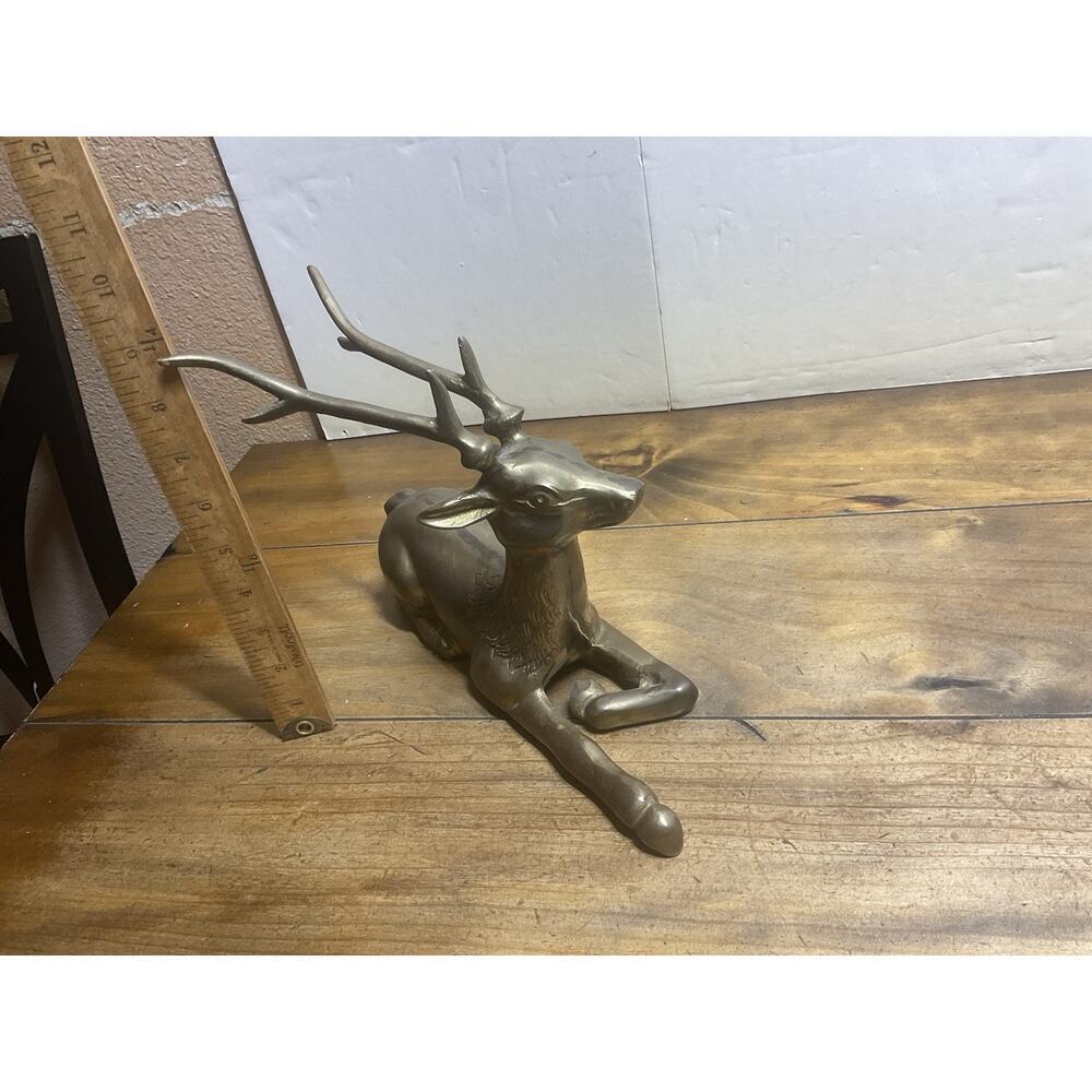 Vintage Solid Brass Stag Deer Sculpture Reclining Large Figurine 12in - Picture 11 of 12